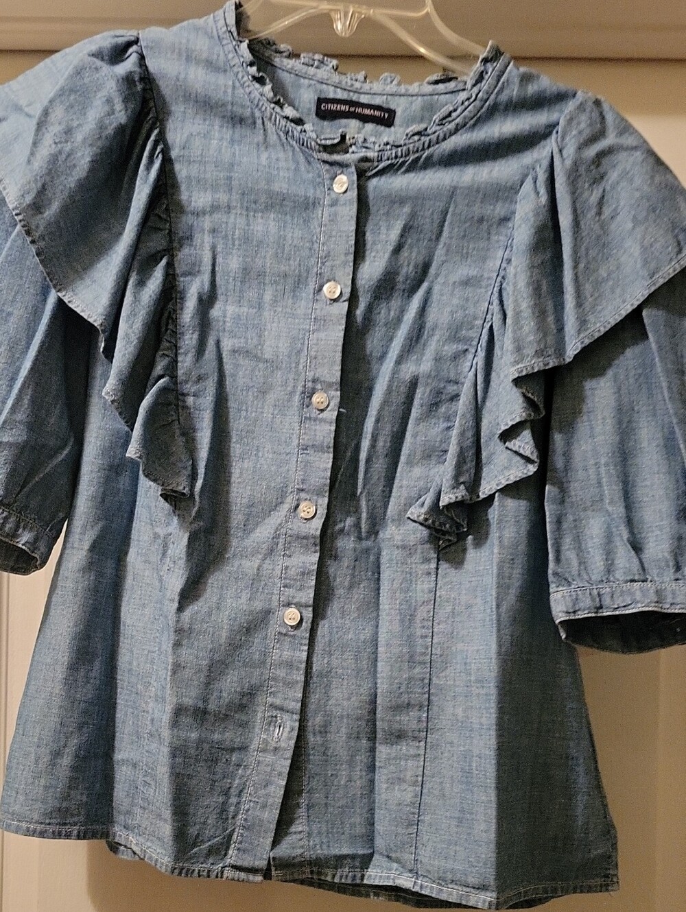 Citizens of Humanity Chambray Ruffle Front Button Blouse - Light Blue